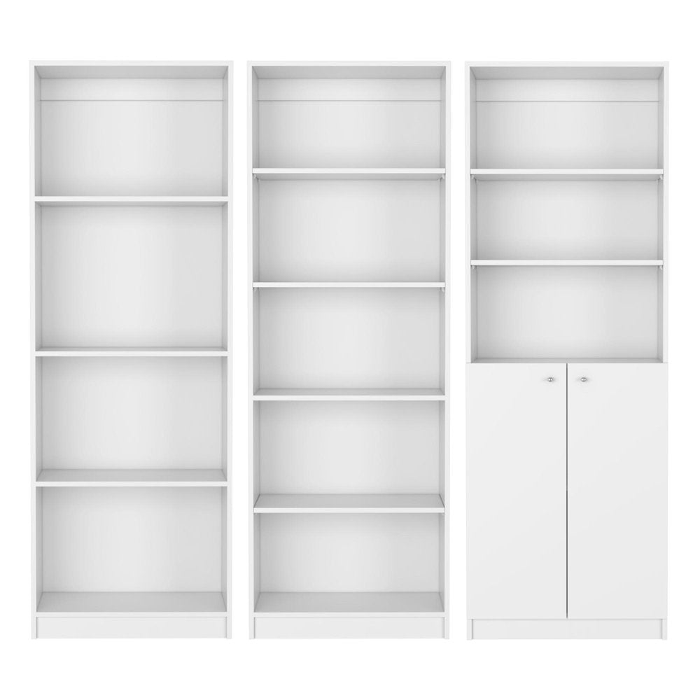 Three white wood modular bookcases, one with two doors, against a white background.