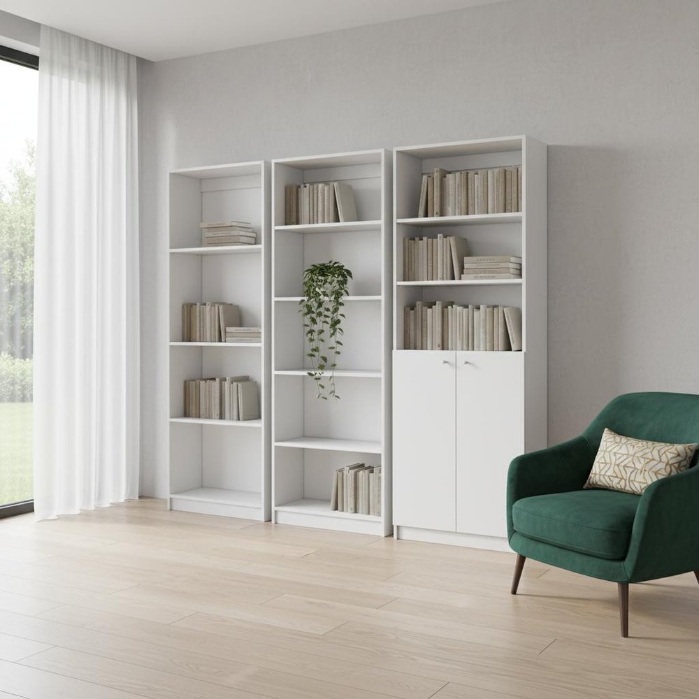 Set of Three White Wood Twelve Tier Modular Bookcase with Two Doors - SKU 546627