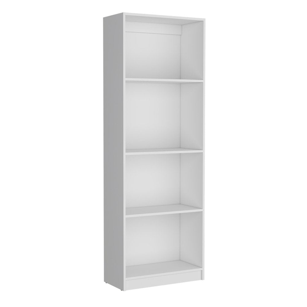White wood modular bookcase with four shelves against a white background.