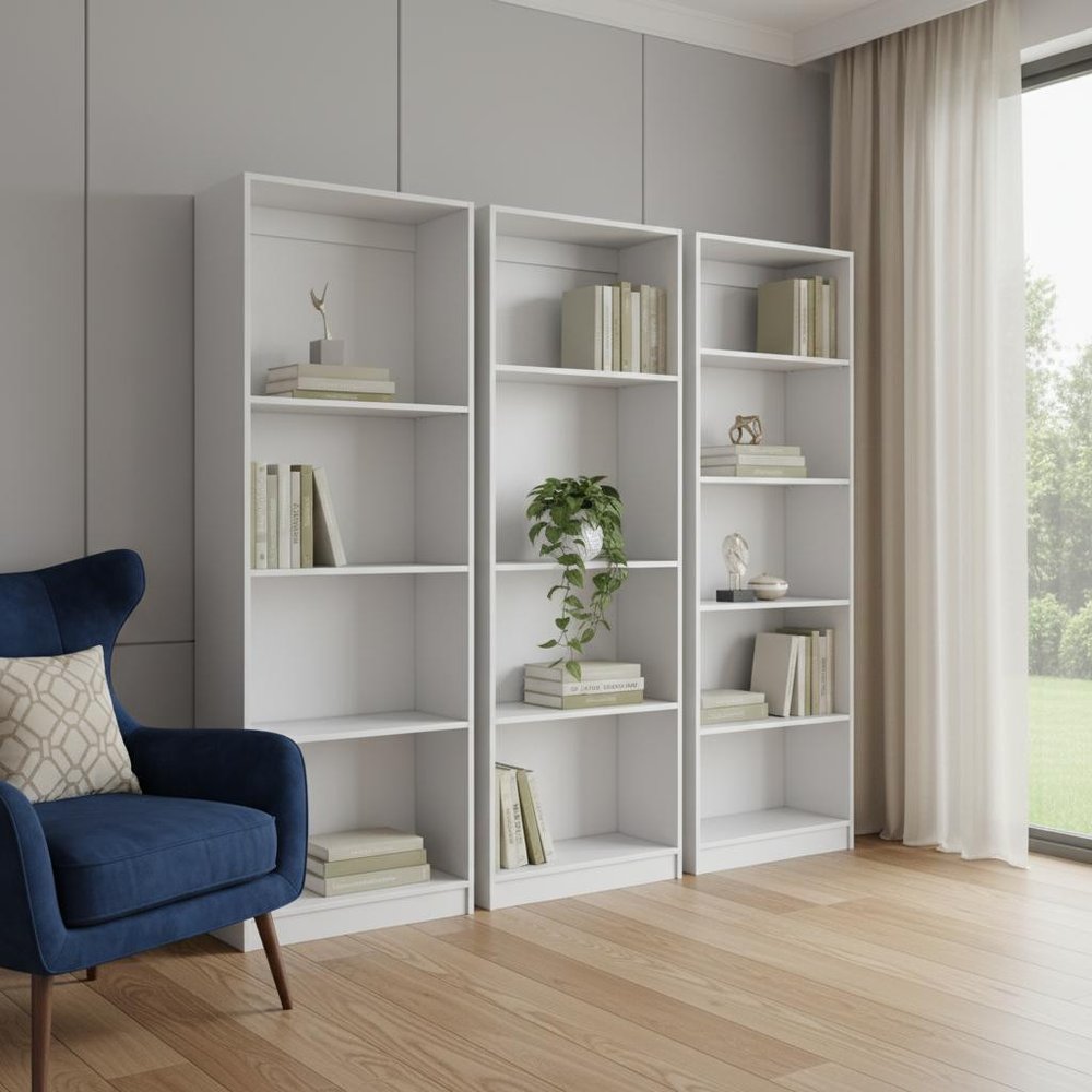Set of Three White Wood Thirteen Tier Modular Bookcase in a home interior