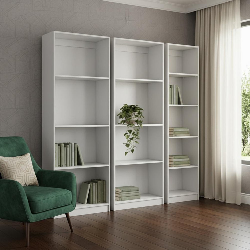 Set of Three White Wood Thirteen Tier Modular Bookcase in a home interior
