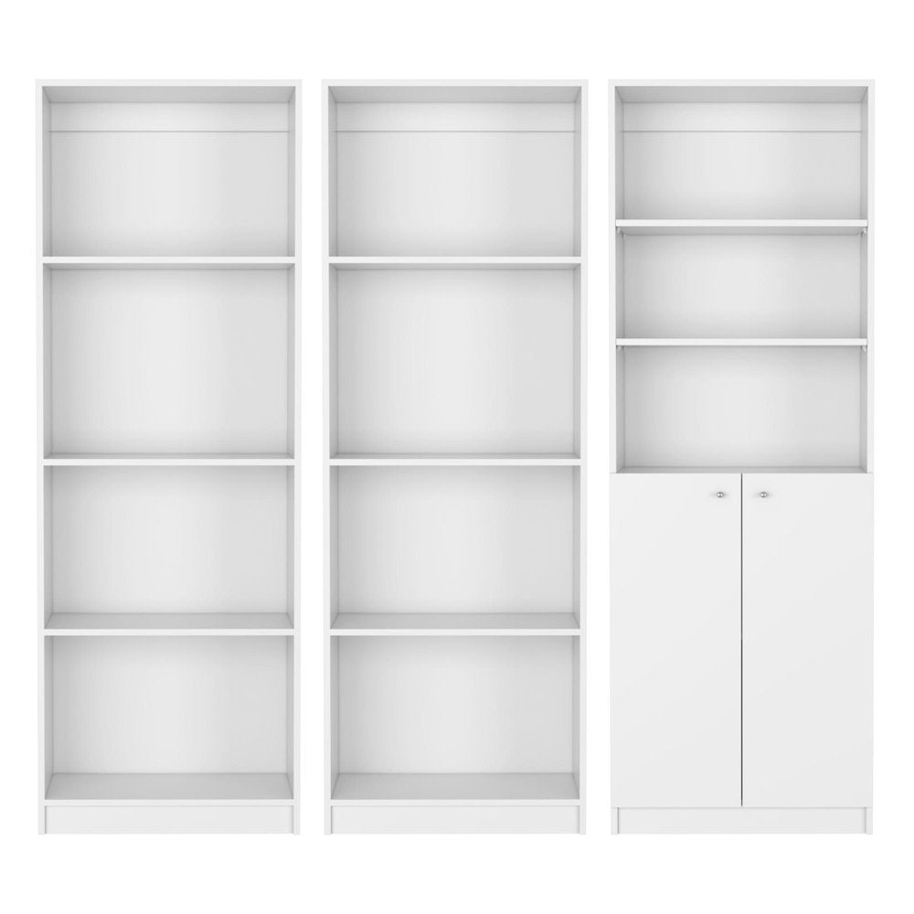 Set of Three White Wood Eleven Tier Modular Bookcase with Two Doors