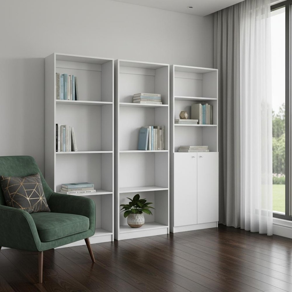 Set of Three White Wood Eleven Tier Modular Bookcase with Two Doors in a home interior
