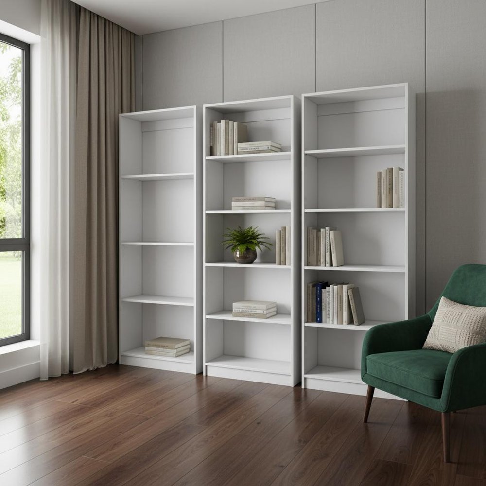 Set of Three White Wood Fourteen Tier Modular Bookcase in a home interior