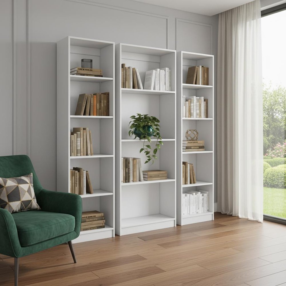 Set of Three White Wood Fourteen Tier Modular Bookcase in a home interior