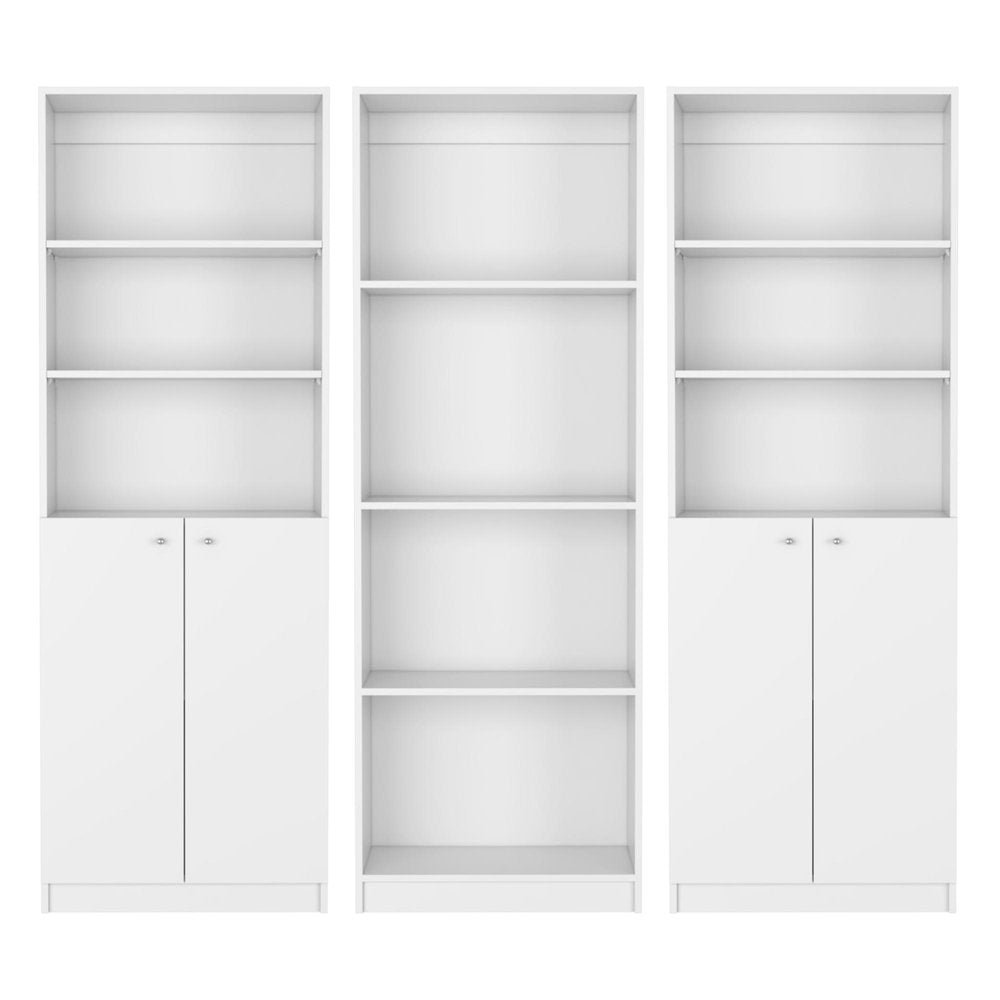 Set of Three White Wood Ten Tier Modular Bookcase with Four Doors