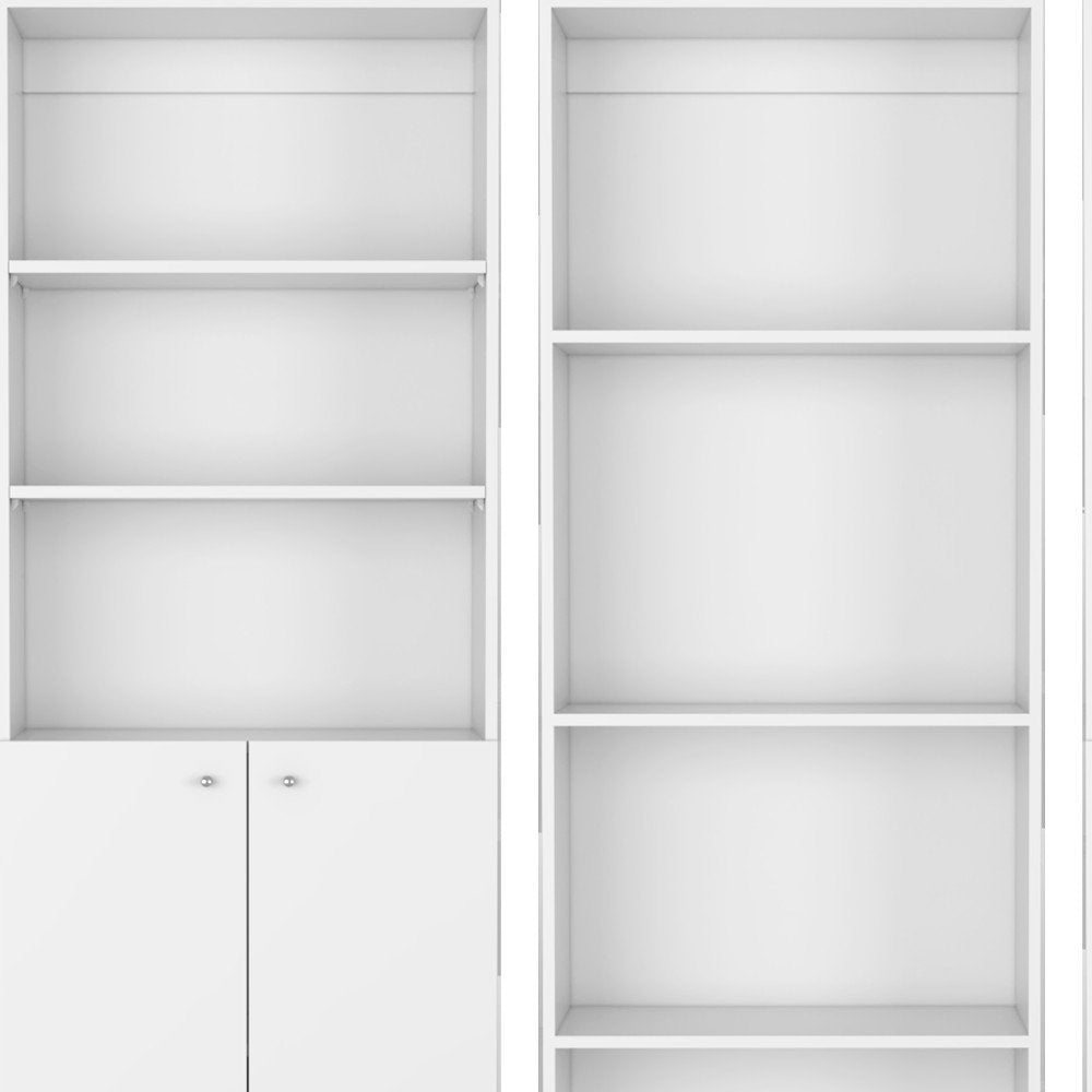 Set of Three White Wood Ten Tier Modular Bookcase with Four Doors on a white background