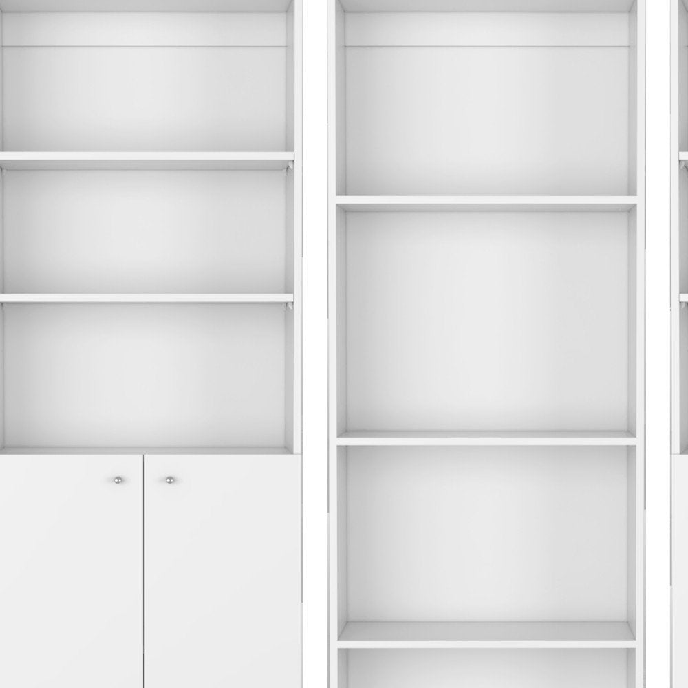 Set of Three White Wood Ten Tier Modular Bookcase with Four Doors on a white background