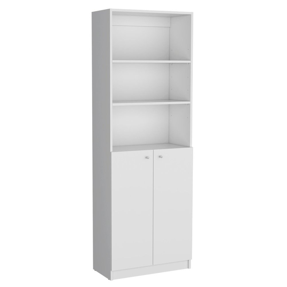 White wood modular bookcase with three open shelves above two cabinet doors, on a white background.
