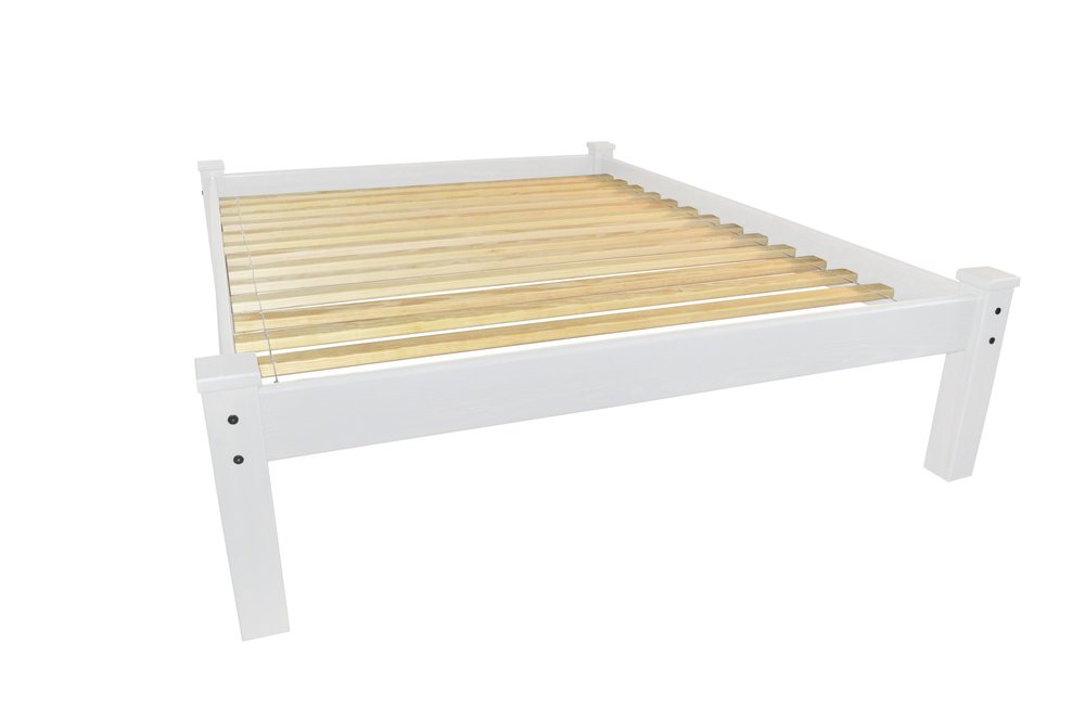 White solid wood queen bed frame with wooden slats on a white background.