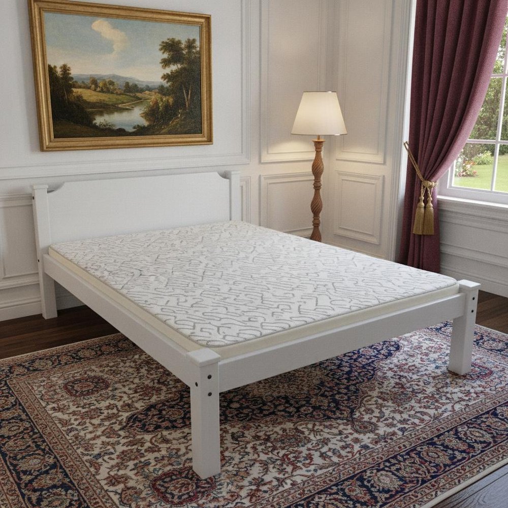 White Solid Wood Queen Bed Frame - 20" H x 86" W x 66" D in a home interior