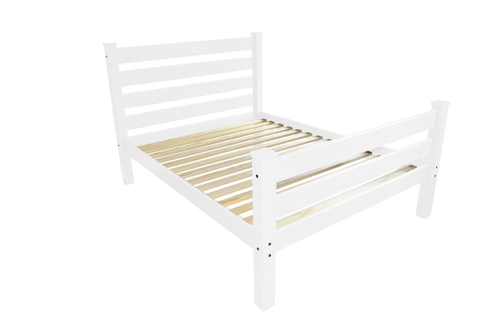 White solid wood full bed frame with slatted mattress support on a white background.