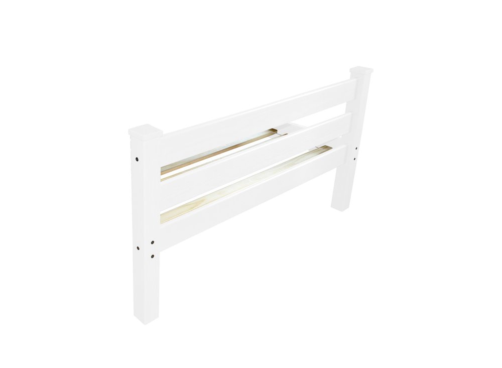 White solid wood queen bed frame with three horizontal slats and two vertical posts, shown against a white background.