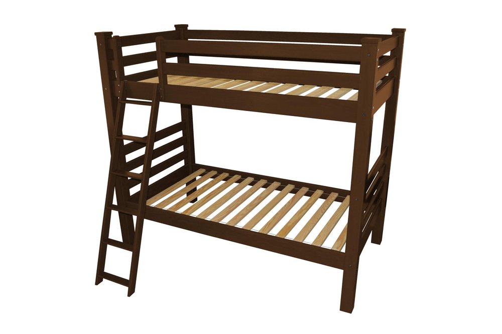 A dark brown solid wood twin over twin bunk bed with a ladder against a white background.