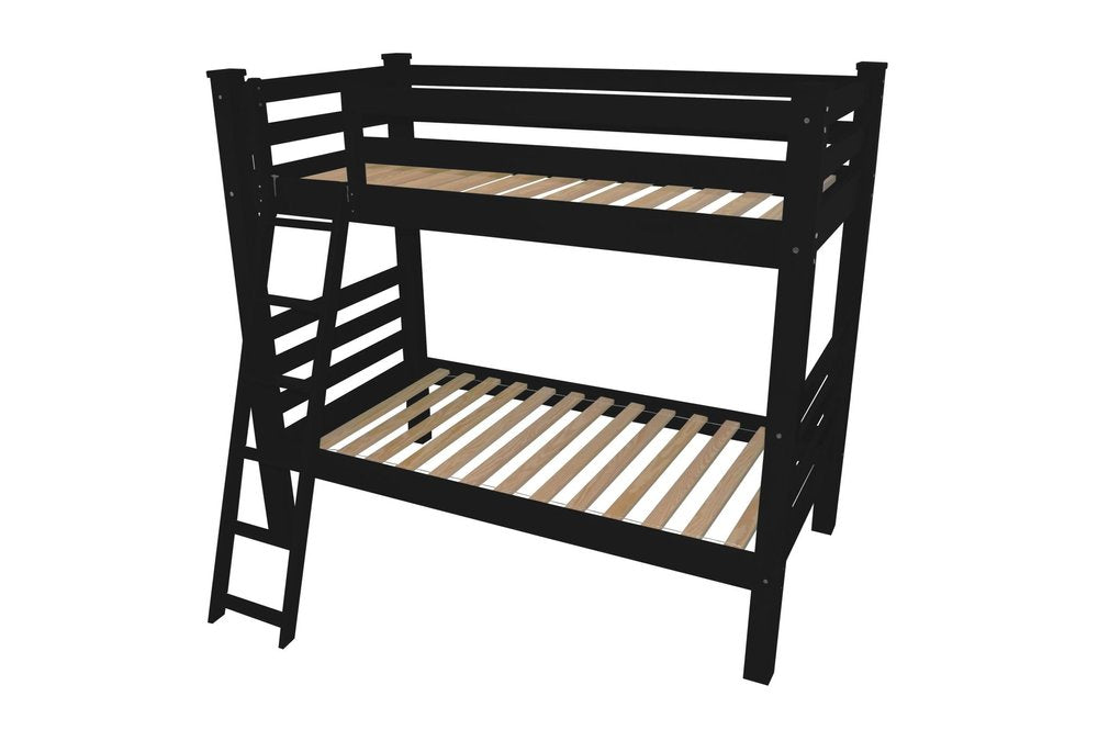 Black solid wood twin over twin bunk bed with ladder on a white background.