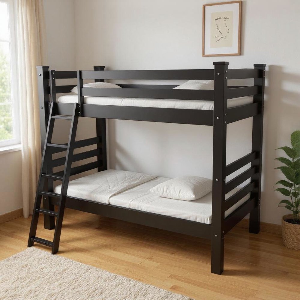 Black Twin Over Twin Solid Wood Bunk Bed in a home interior