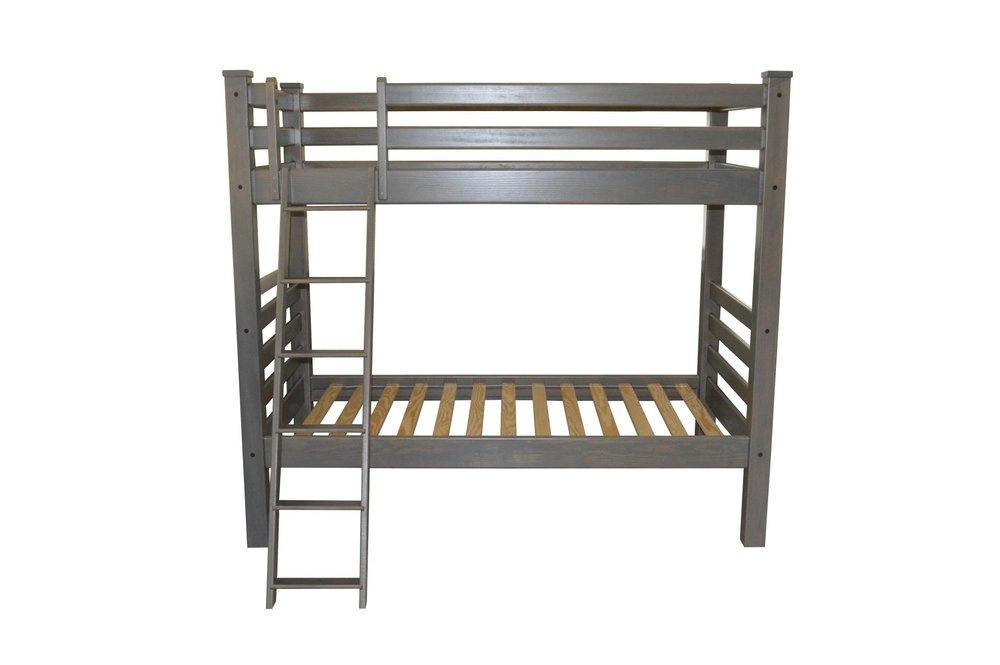 Gray solid wood twin over twin bunk bed with a ladder on a white background.