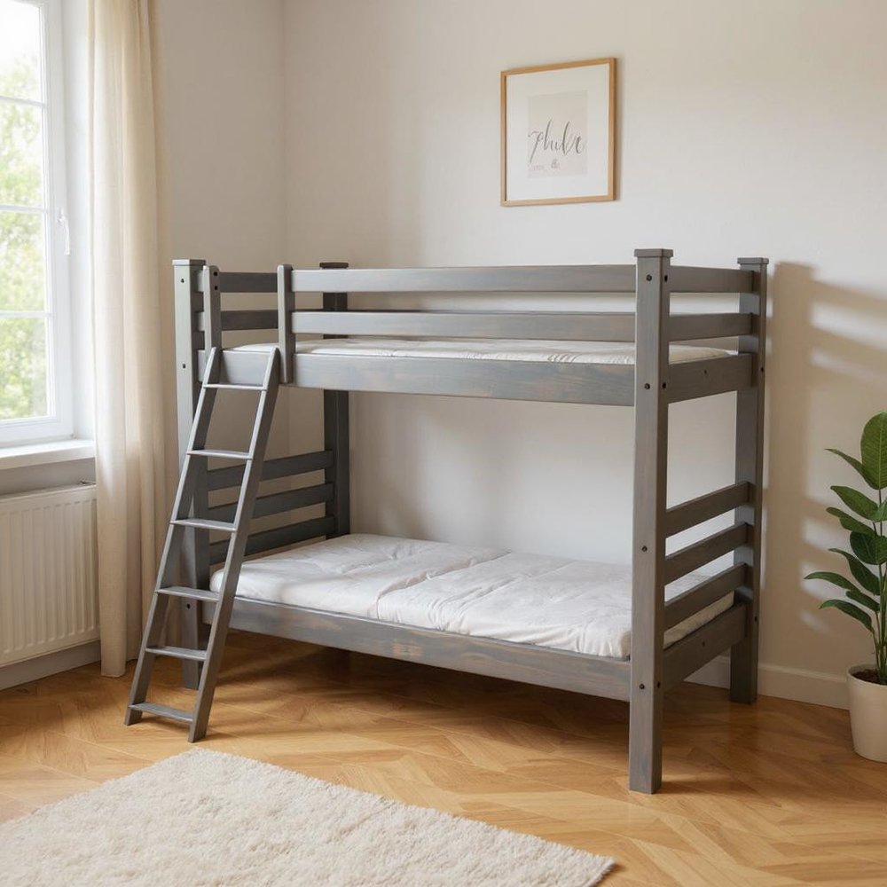 Gray Twin Over Twin Solid Wood Bunk Bed in a home interior