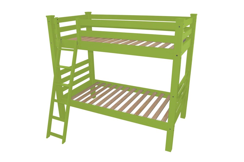 Green solid wood twin bunk bed with a ladder against a white background.