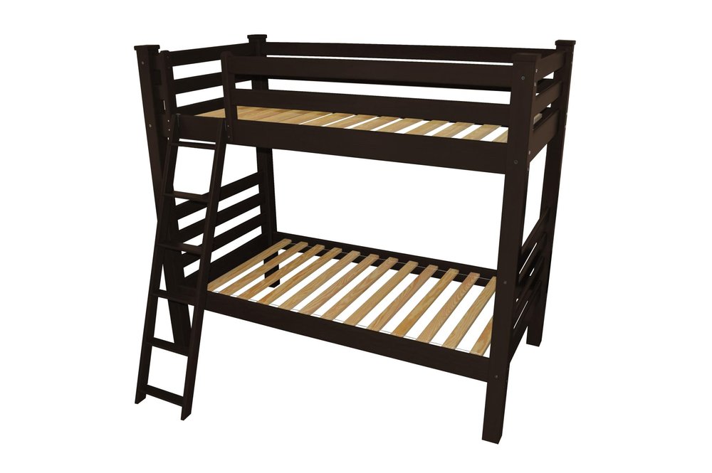 Dark brown solid wood twin over twin bunk bed with ladder against a white background.