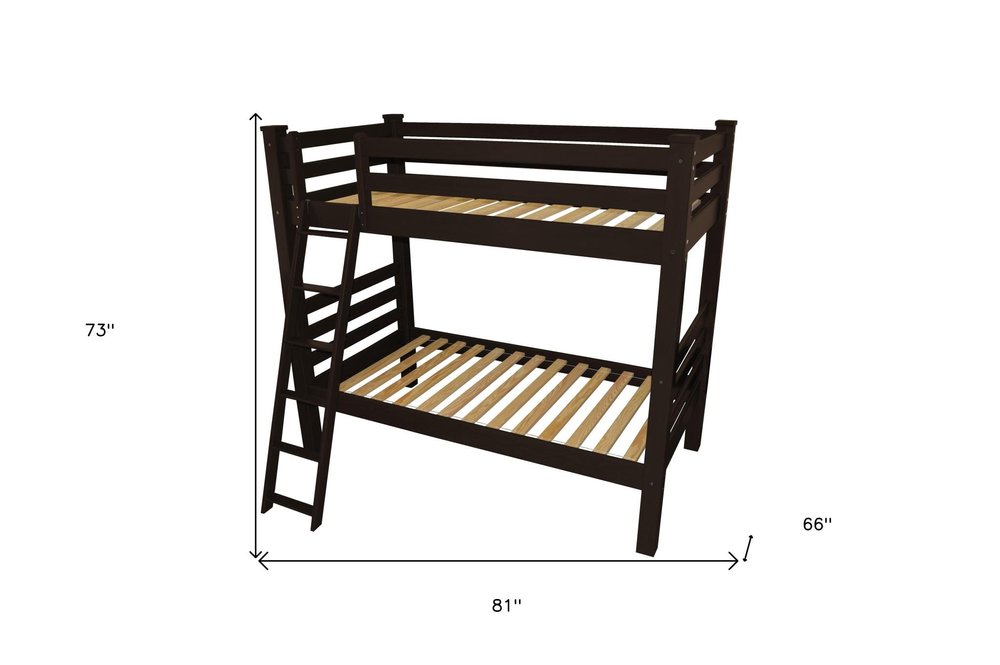 Brown Twin Over Twin Solid Wood Bunk Bed on a white background