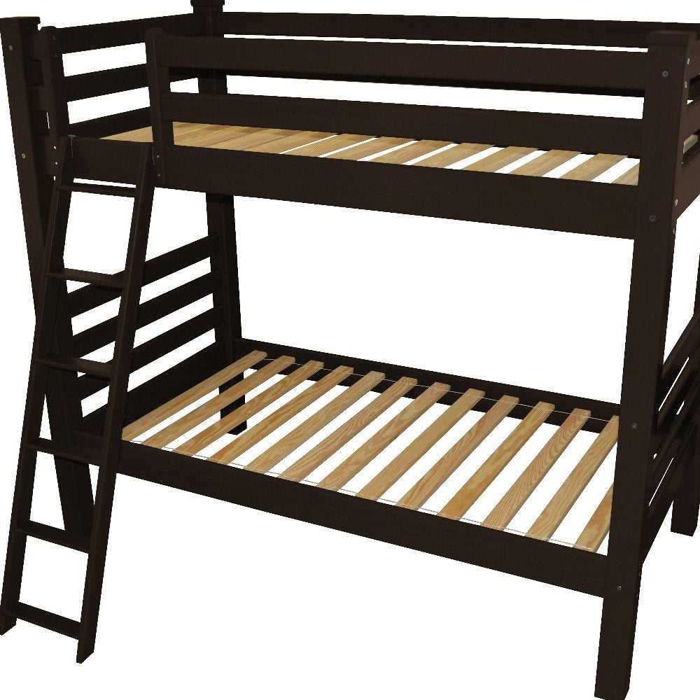 Brown Twin Over Twin Solid Wood Bunk Bed on a white background