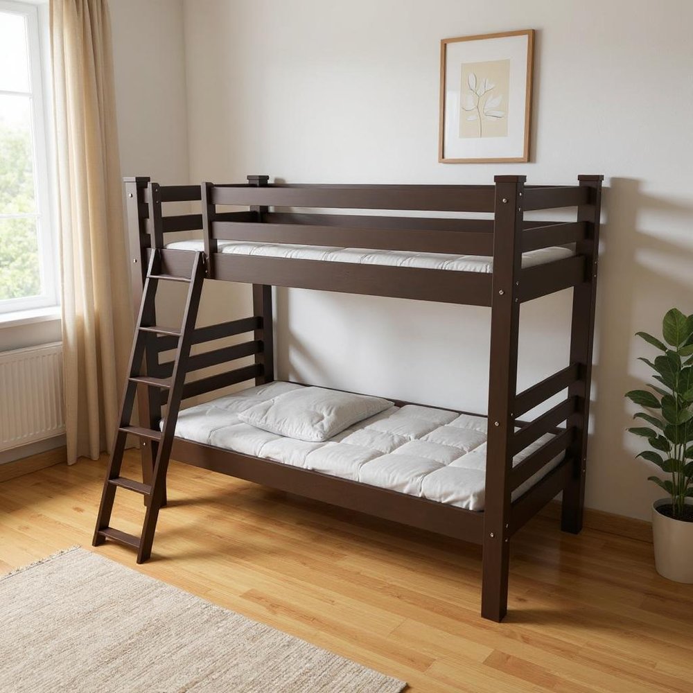 Brown Twin Over Twin Solid Wood Bunk Bed in a home interior