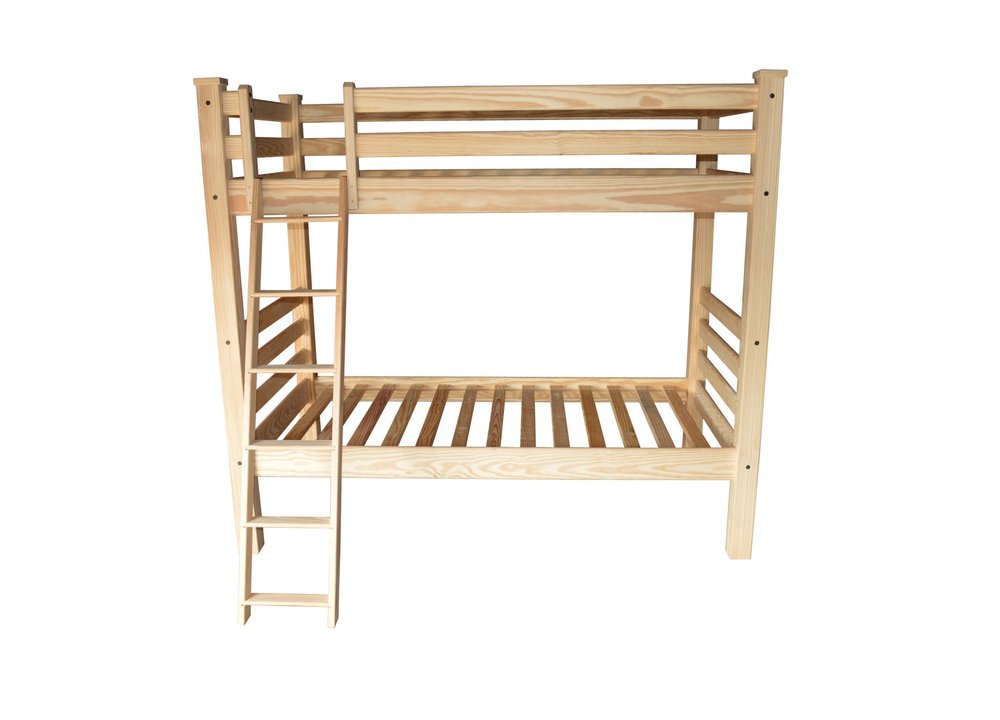 Natural wood twin over twin bunk bed with ladder against a white background.