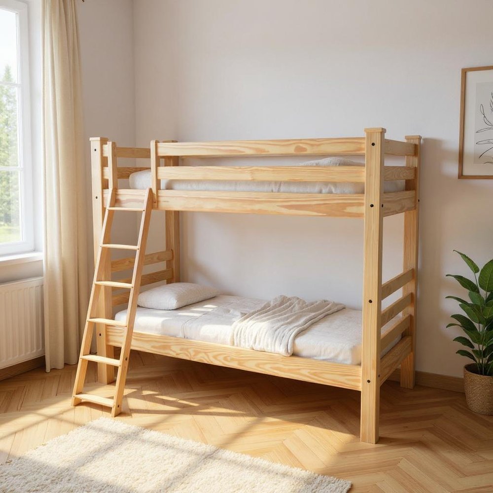 Natural Twin Over Twin Solid Wood Bunk Bed in a home interior