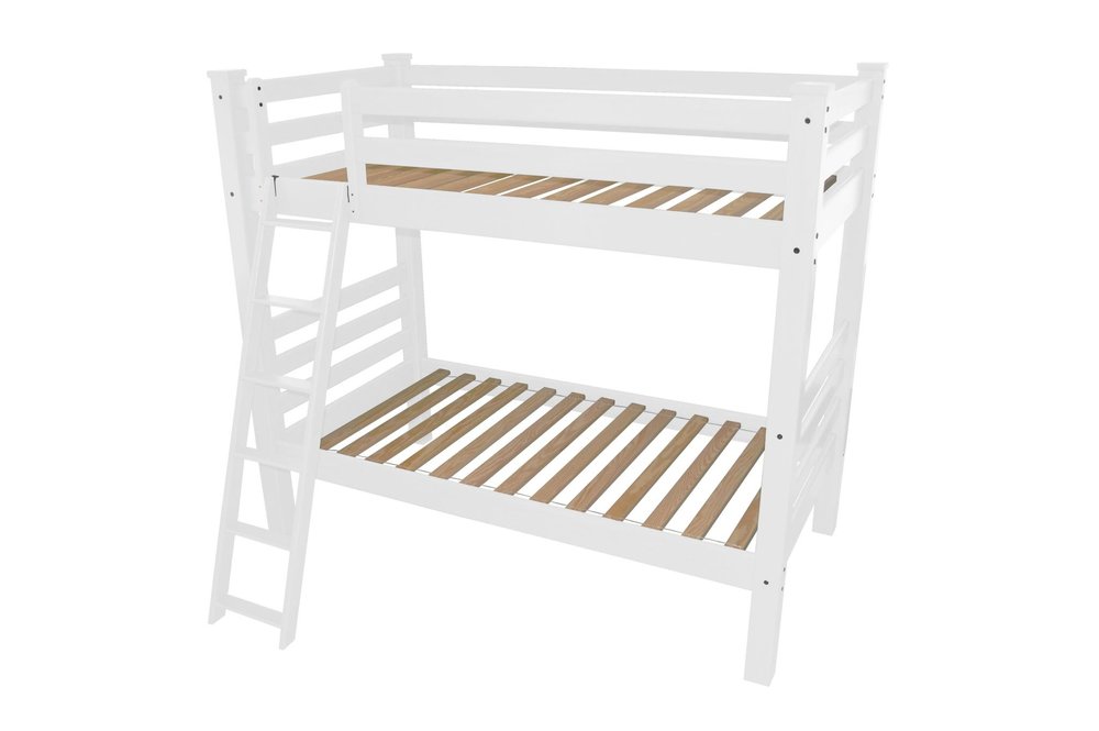 White twin solid wood bunk bed with ladder and wooden slats on a white background.