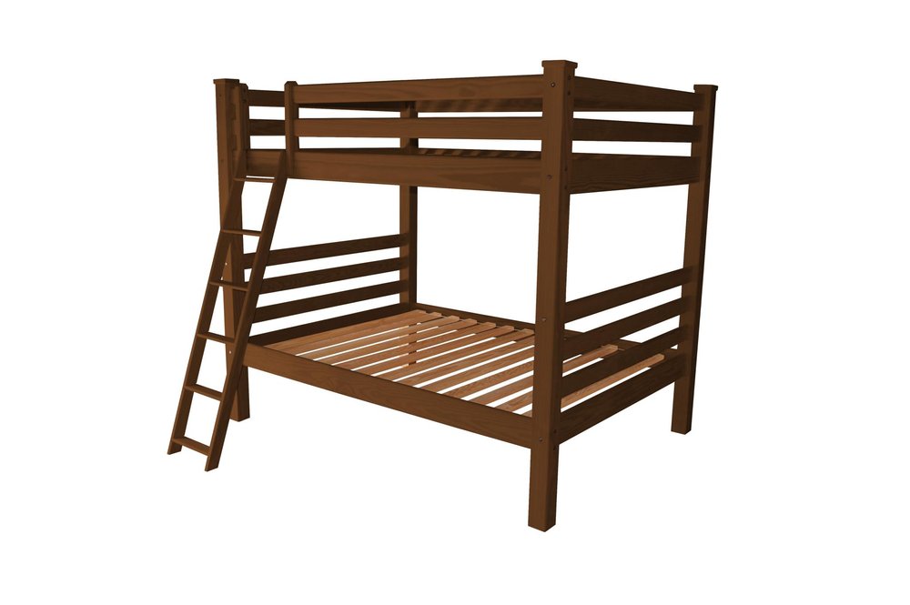Solid wood bunk bed with a dark brown finish on a white background.