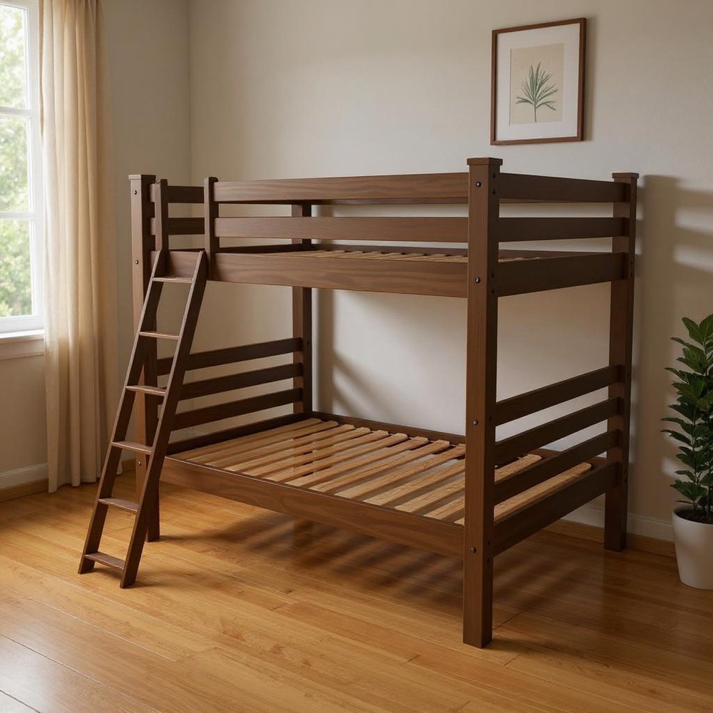Red Full Over Full Solid Wood Bunk Bed in a home interior