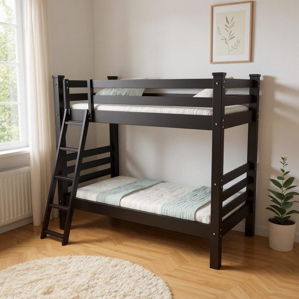 Black Full Over Full Solid Wood Bunk Bed in a home interior
