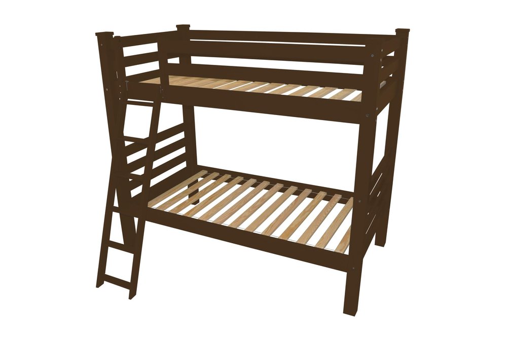 Brown solid wood bunk bed with ladder on a white background.