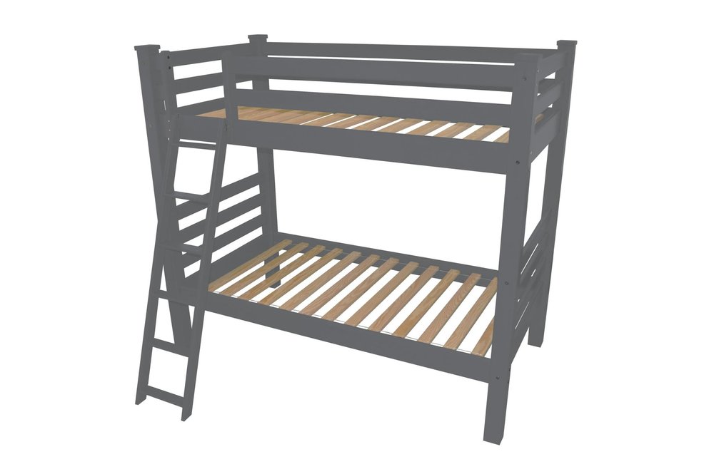 Gray solid wood bunk bed with a ladder against a white background.