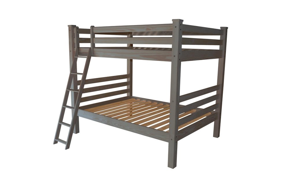 Gray solid wood full over full bunk bed with a ladder against a white background.