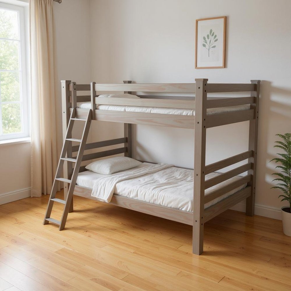 Gray Full Over Full Solid Wood Bunk Bed in a home interior