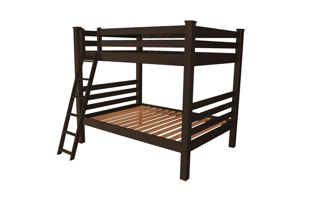 Brown solid wood full over full bunk bed with a ladder, shown against a white background.