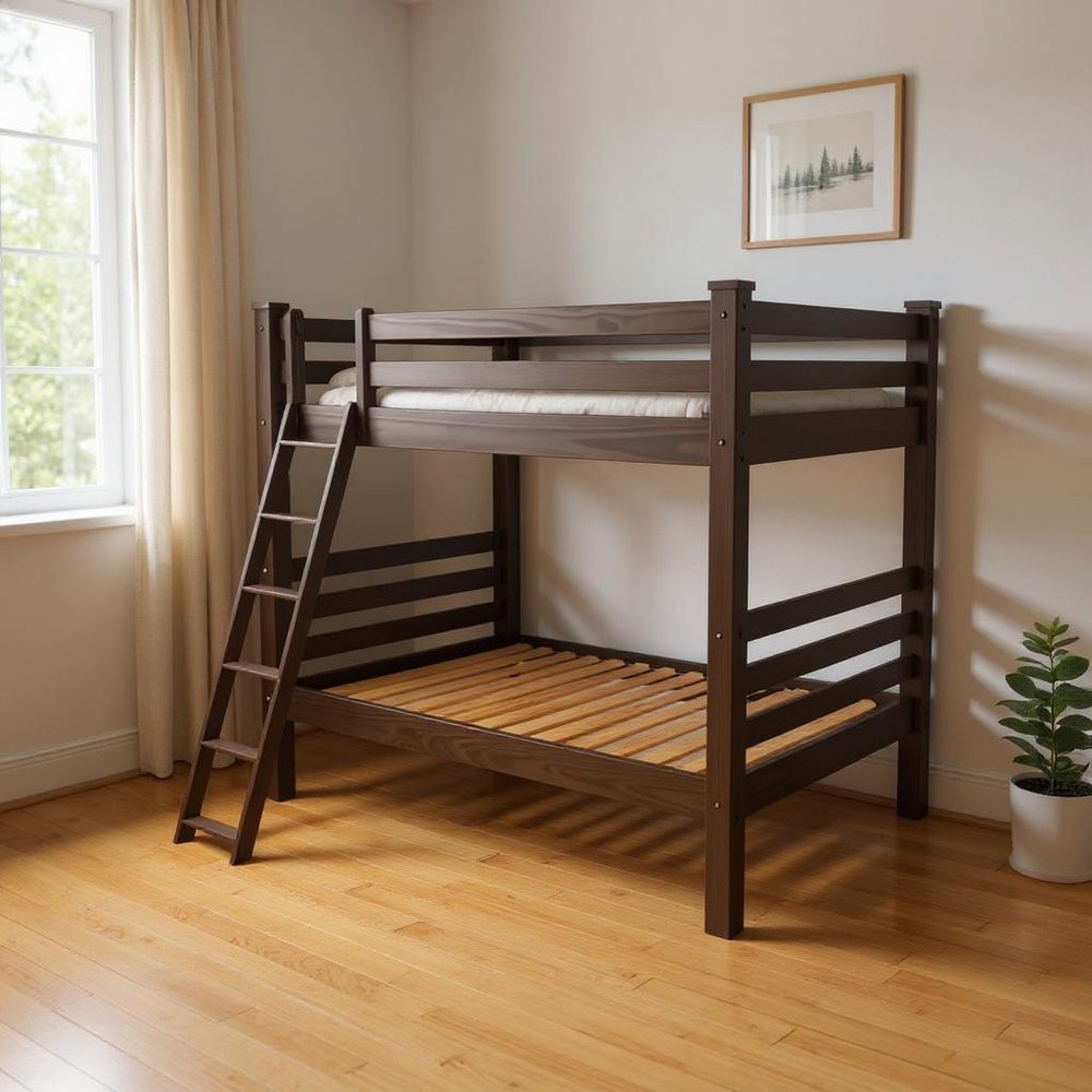 Brown Full Over Full Solid Wood Bunk Bed in a home interior