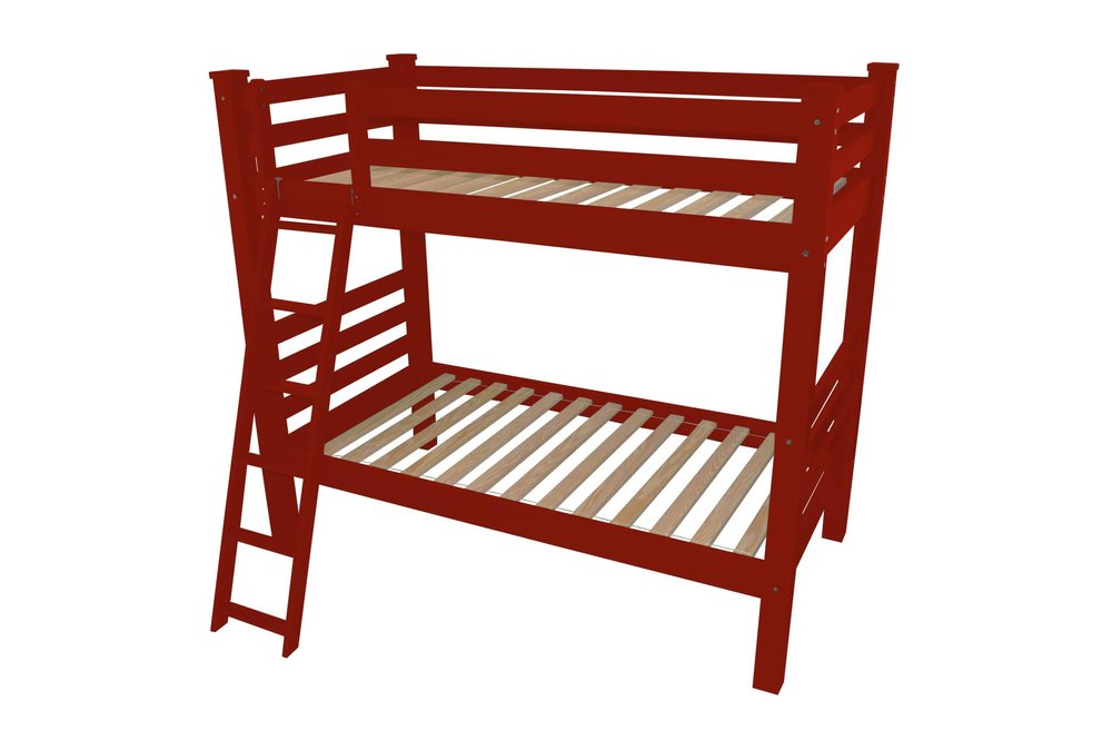 Red solid wood bunk bed with ladder on a white background.