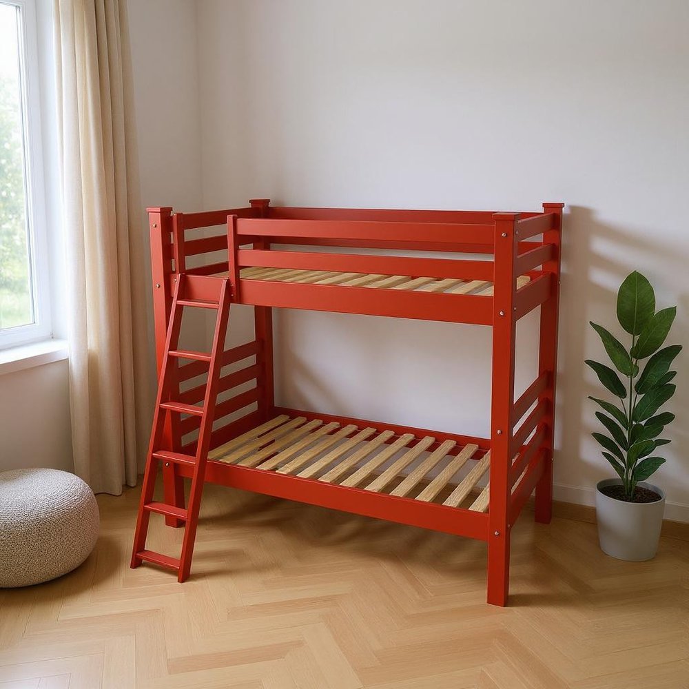 Red Full Solid Wood Bunk Bed in a home interior