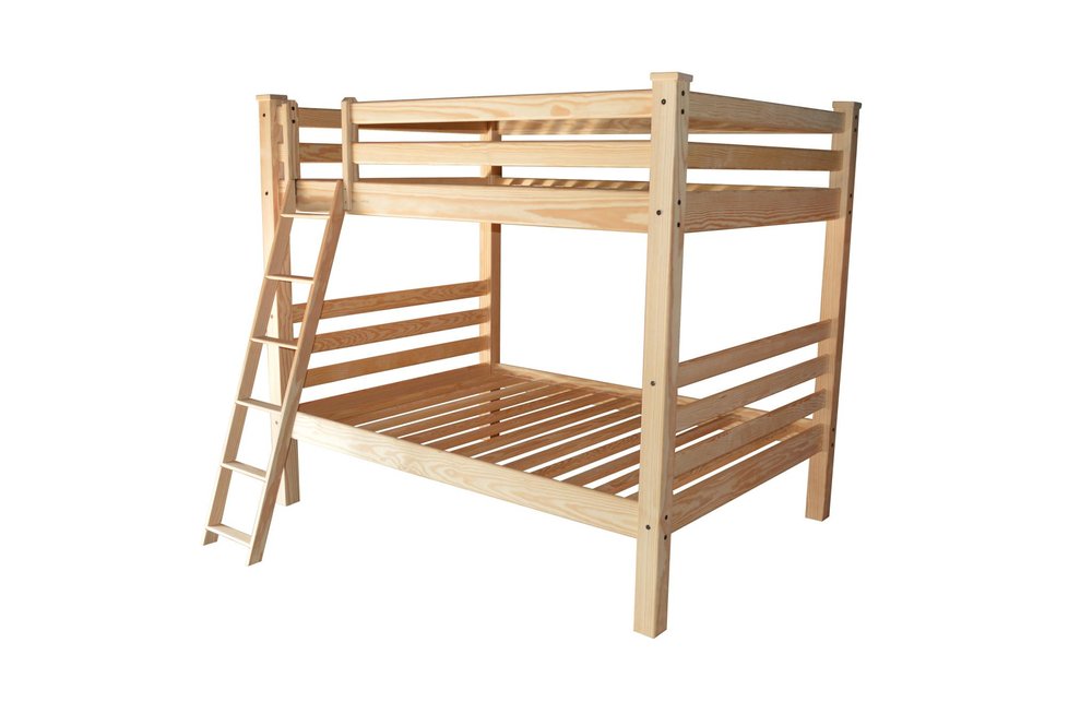 Natural wood full over full bunk bed with ladder on a white background