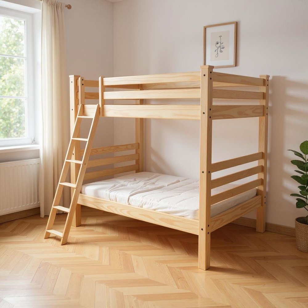 Natural Full Over Full Solid Wood Bunk Bed in a home interior