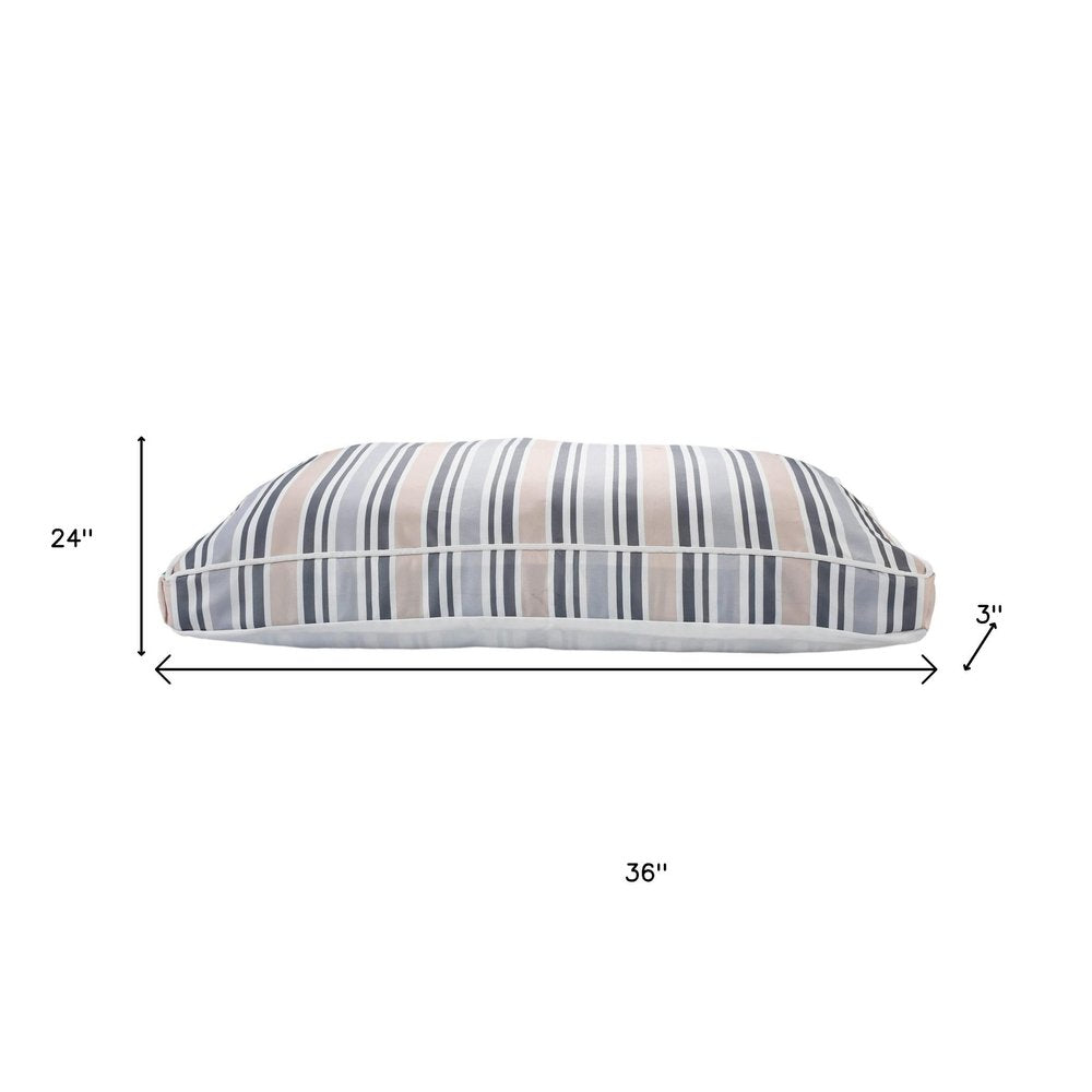 24" X 36" Gray Tan And White Striped Pillow Style Pet Bed With Removable Cover. Dog bed isolated on a plain white background, finished in white fabric.