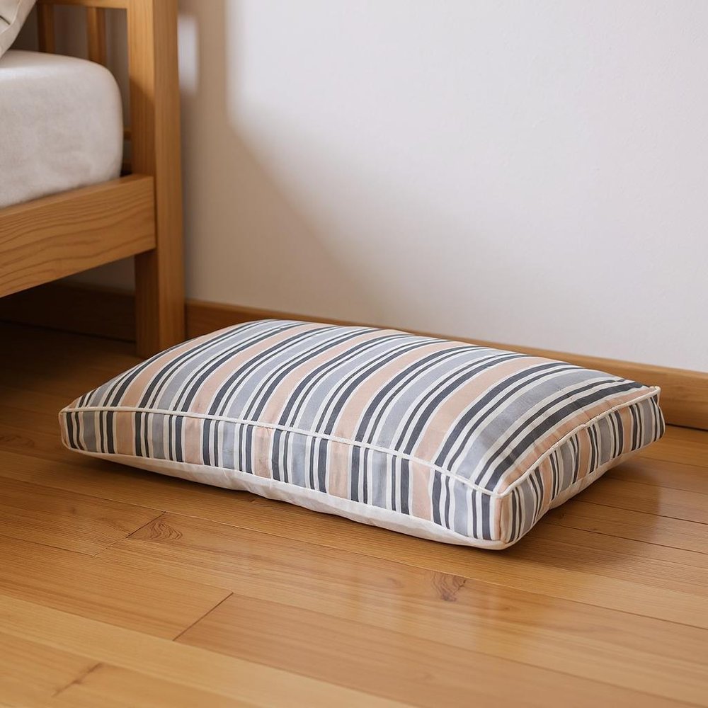 24" X 36" Gray Tan And White Striped Pillow Style Pet Bed With Removable Cover. Dog bed in white fabric.