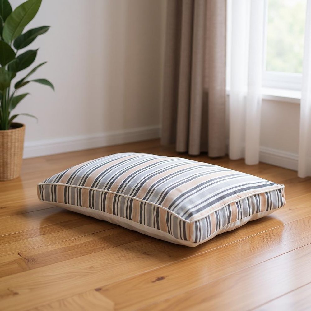 24" X 36" Gray Tan And White Striped Pillow Style Pet Bed With Removable Cover. Dog bed in gray fabric.