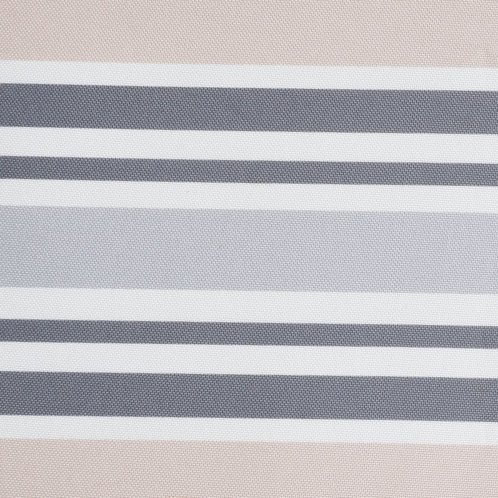 A striped pet bed with tan, gray, and white horizontal stripes.