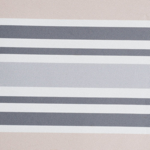 A striped pet bed with tan, gray, and white horizontal stripes.