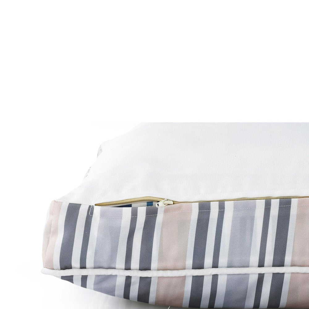 24" X 36" Gray Tan And White Striped Pillow Style Pet Bed With Removable Cover. Dog bed isolated on a plain white background, in a white fabric finish.