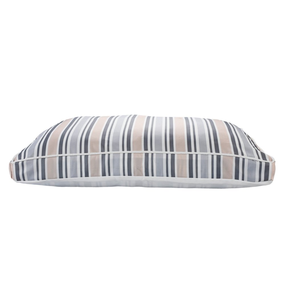 24" X 36" Gray Tan And White Striped Pillow Style Pet Bed With Removable Cover. Dog bed isolated on a plain white background, finished in white fabric.